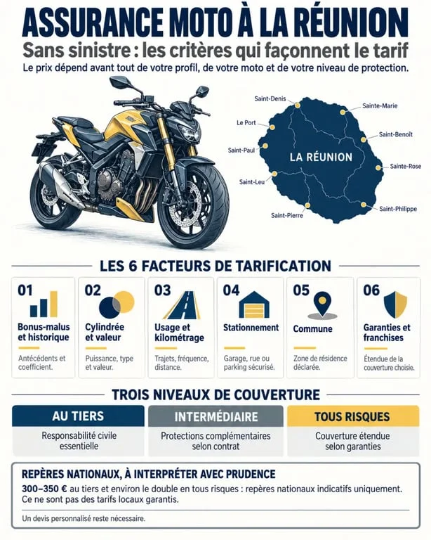 Infographie sur le tarif d'une assurance moto sans sinistre à La Réunion et les critères de prix