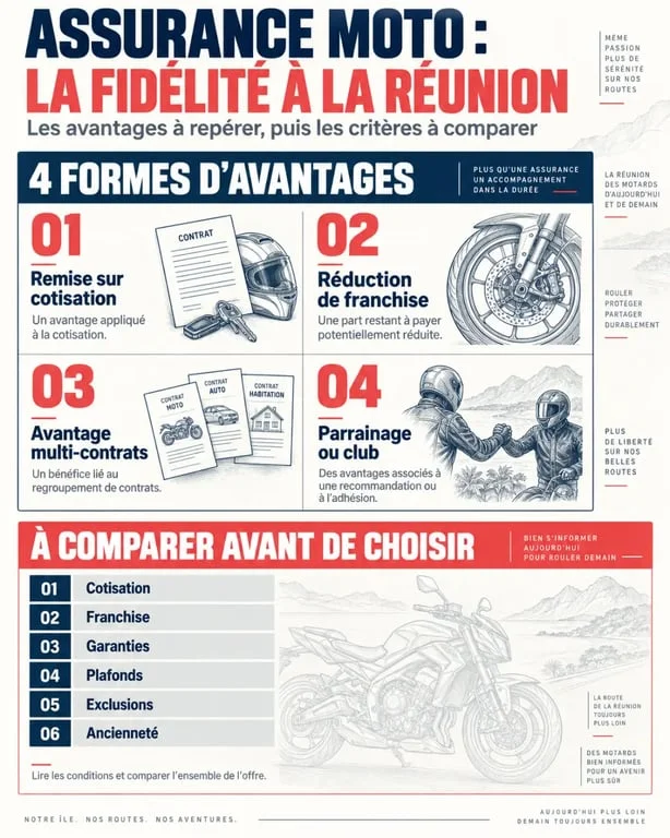 Infographie sur l’assurance moto fidélité à La Réunion et les critères de comparaison des garanties