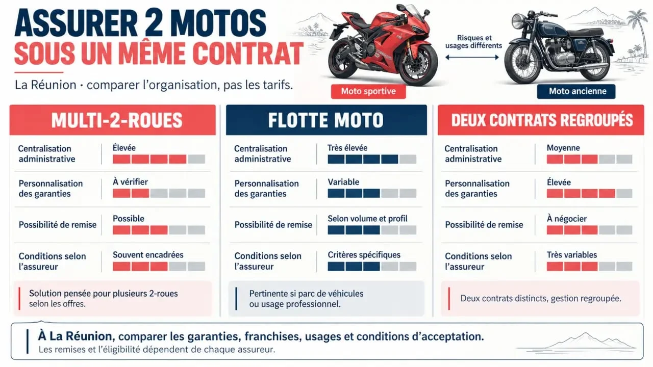 Assurance 2 motos même contrat à La Réunion : comparaison des formules multi-2-roues, flotte moto et contrats regroupés