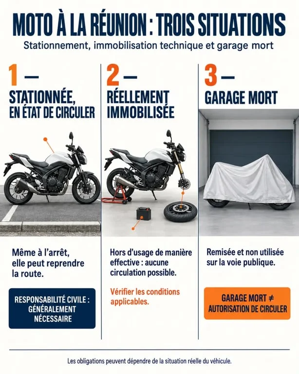 Assurance moto garage stationnement Réunion : distinction entre moto stationnée, immobilisée techniquement et garage mort