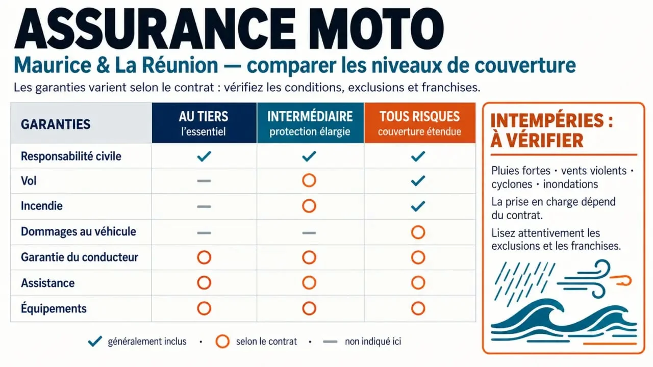 Infographie sur l’assurance moto Maurice Réunion couverture et les niveaux de garanties