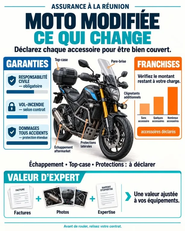 Infographie sur l’assurance moto modifiée à La Réunion, garanties, franchises et accessoires
