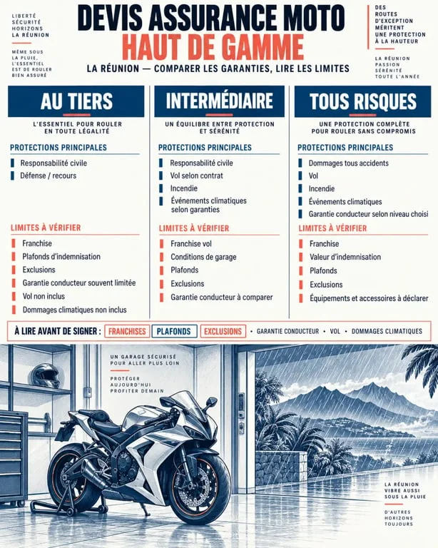 Devis assurance moto haut de gamme à La Réunion : comparaison des formules au tiers, intermédiaire et tous risques