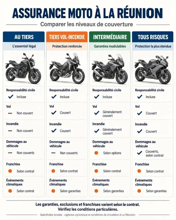 Assurance moto bonus 50 Réunion : comparaison des formules tiers, vol-incendie, intermédiaire et tous risques