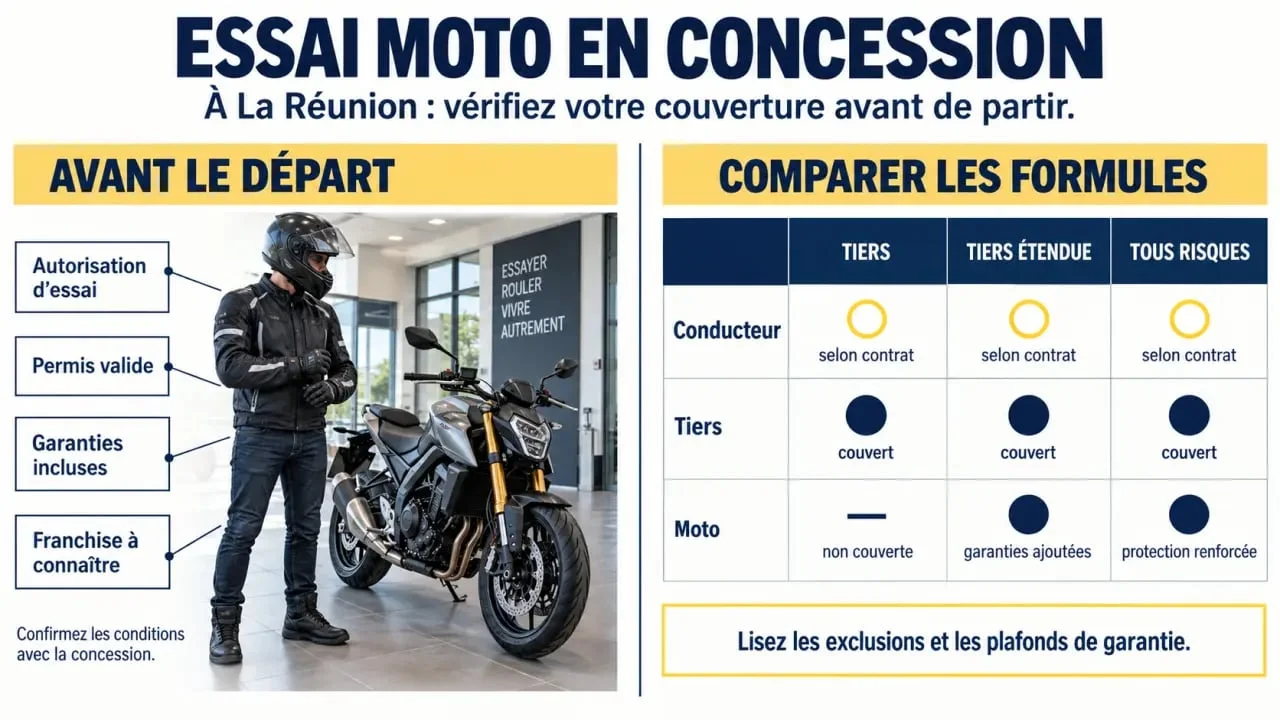 Assurance moto essai concession Réunion : garanties et vérifications avant l'essai