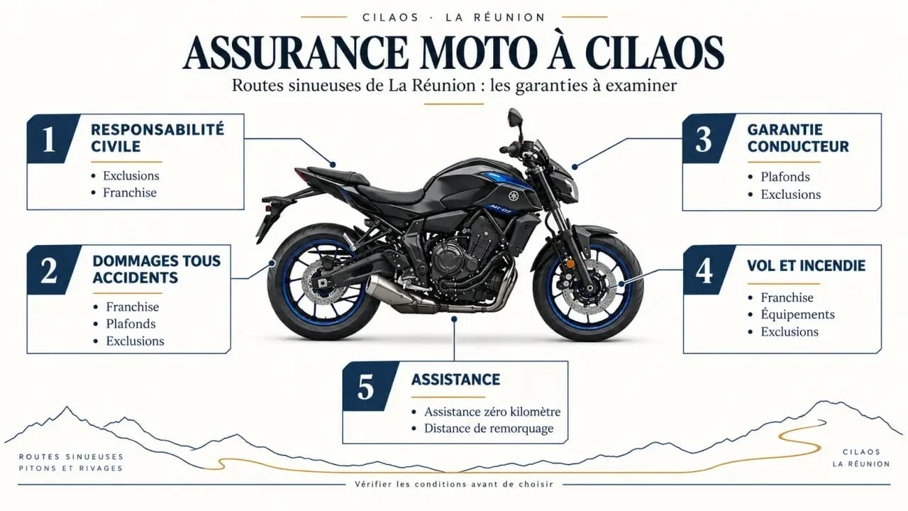 Infographie sur l’assurance moto à Cilaos, les garanties et l’assistance dans les virages