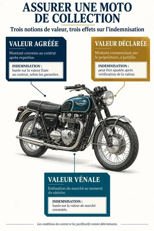 Infographie sur la valeur agréée d’une moto de collection à La Réunion et la différence avec la valeur déclarée et la valeur vénale