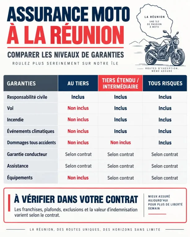 Devis assurance moto comparatif garanties Réunion : infographie des formules au tiers, intermédiaire et tous risques
