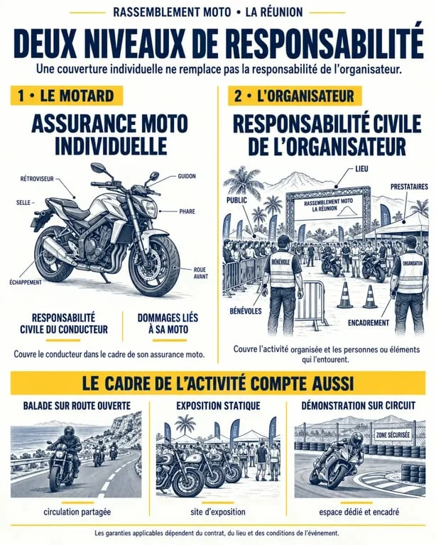 Assurance moto rassemblement Réunion : différences entre couverture individuelle et responsabilité de l’organisateur