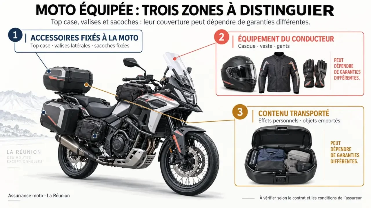 Assurance moto top case et valises à La Réunion : distinction entre accessoires, équipement du conducteur et contenu transporté