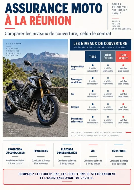 Infographie sur l’assurance moto à La Réunion pour un motard confirmé : tiers, tiers étendu et tous risques