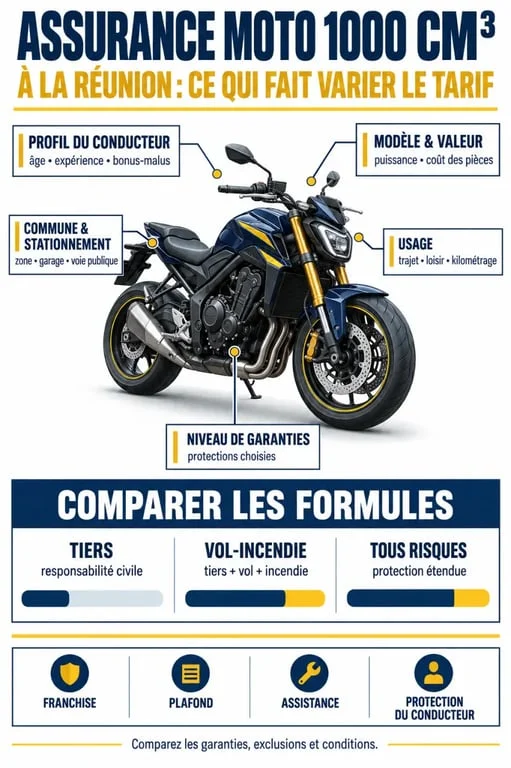 Infographie sur le tarif d’assurance moto 1000 cm3 à La Réunion et les facteurs qui influencent le prix