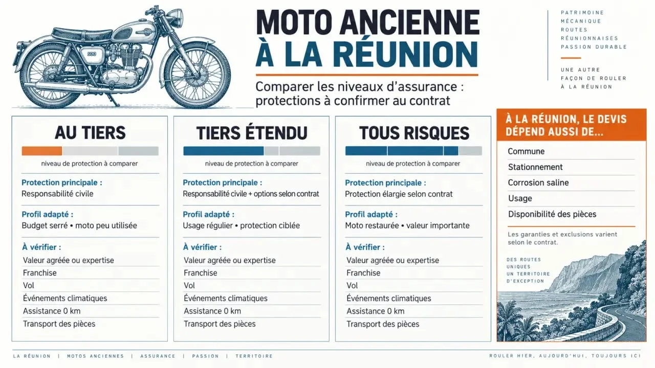 Infographie sur le devis assurance moto ancienne réunion et les garanties au tiers, tiers étendu et tous risques