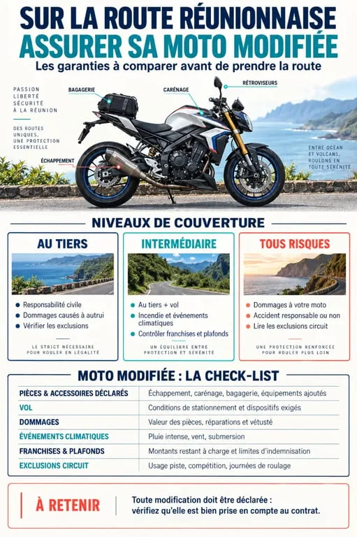Infographie sur le tarif d’une assurance moto préparée à La Réunion et les garanties à comparer