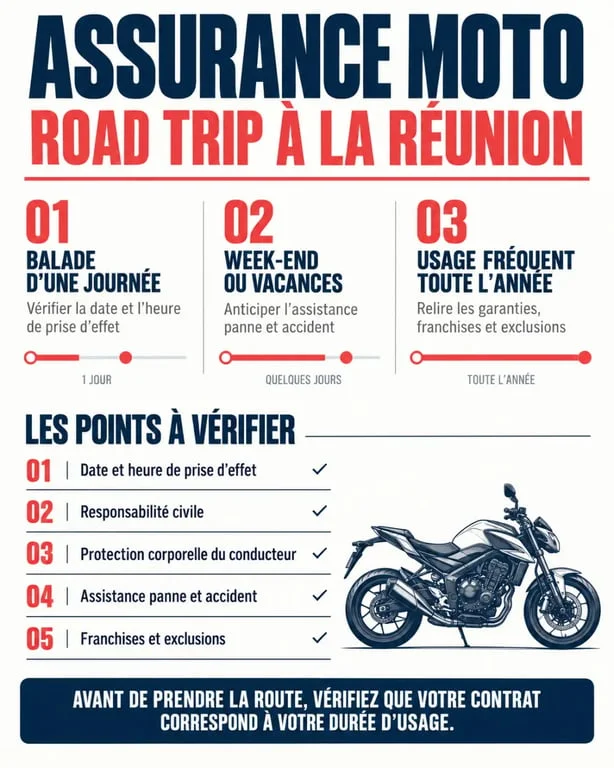 Infographie sur l’assurance moto roadtrip à La Réunion et les garanties à vérifier