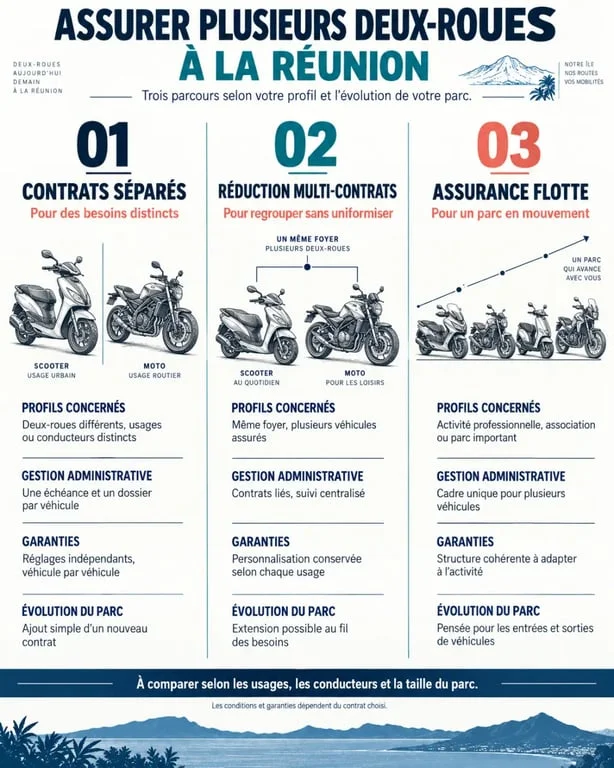 Infographie comparative sur l’assurance moto plusieurs véhicules à La Réunion