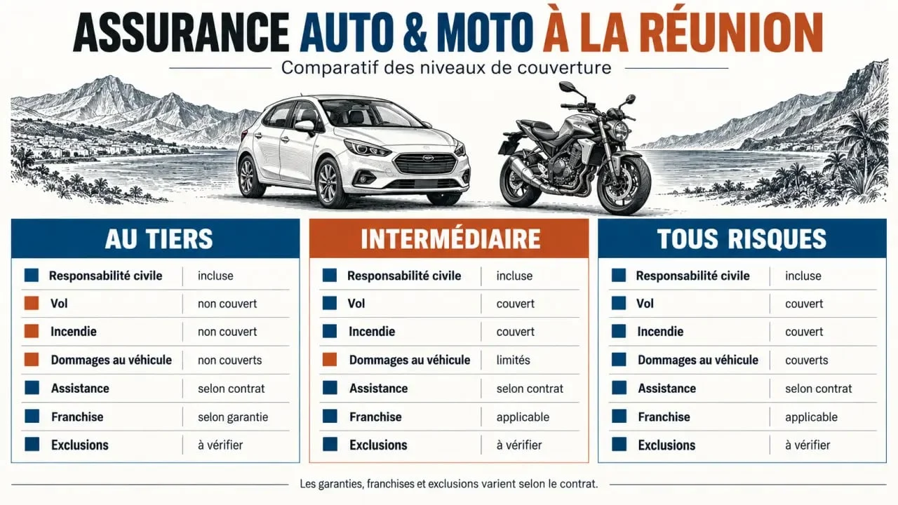 Assurance moto et auto regroupées à La Réunion : comparaison des garanties au tiers, intermédiaire et tous risques