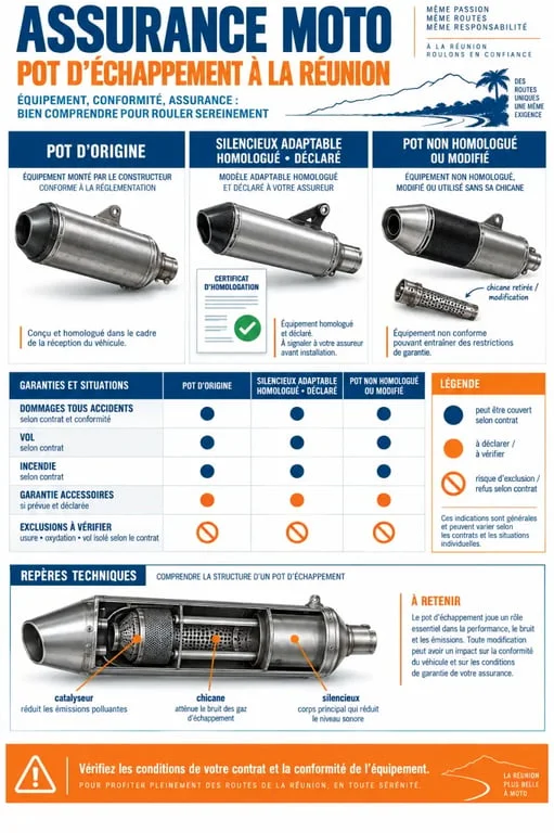 Infographie sur l’assurance moto pot d’échappement garantie réunion et les garanties selon l’homologation