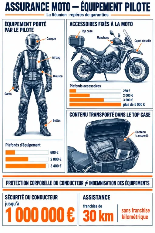 Assurance moto équipement pilote haut de gamme à La Réunion : plafonds, accessoires et sécurité du conducteur