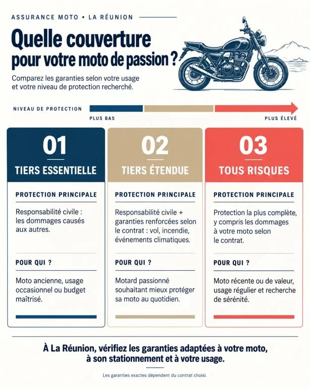 Devis assurance moto passionné à La Réunion : comparaison visuelle des formules tiers, tiers étendue et tous risques