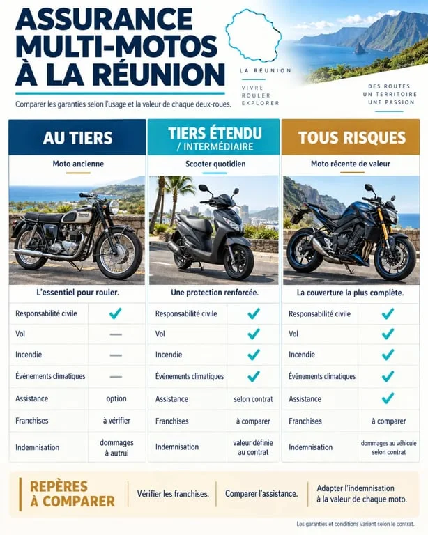 Assurance multi motos réunion : infographie des niveaux de garanties pour plusieurs deux-roues