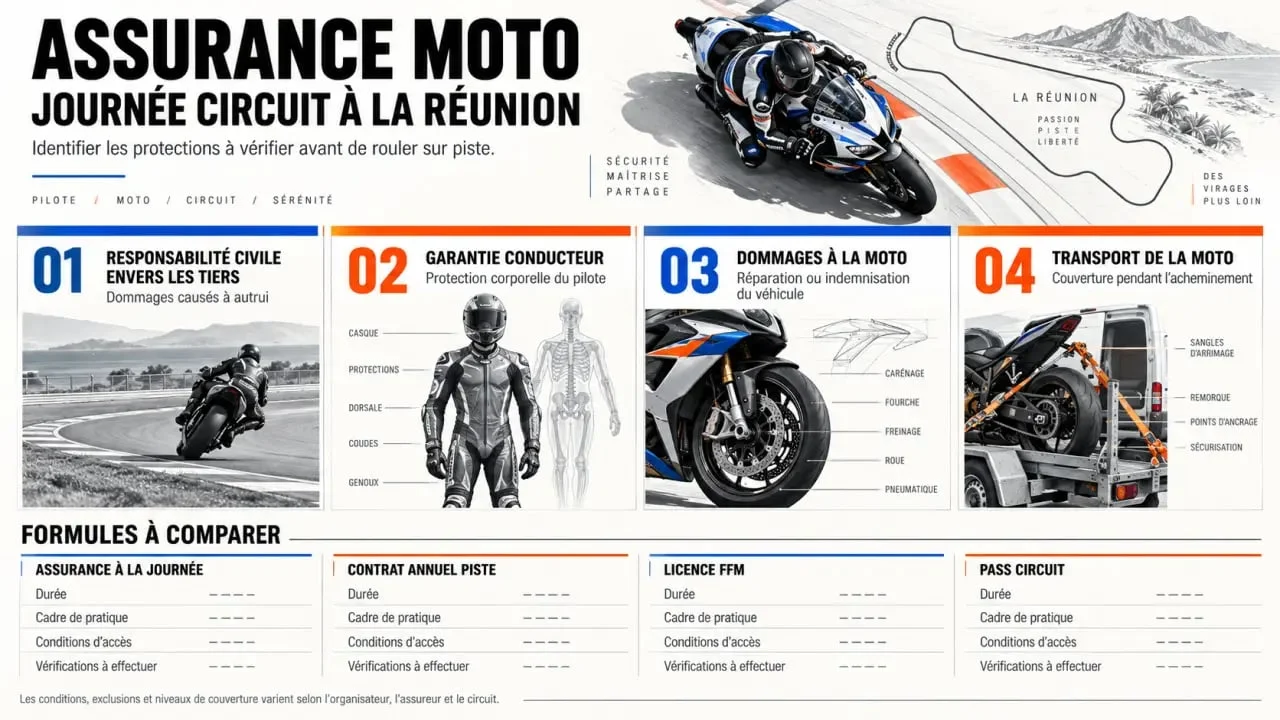 Infographie sur l’assurance moto journée circuit à La Réunion et les garanties à vérifier
