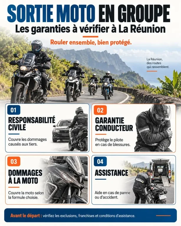 Infographie sur l'assurance moto sortie groupe Réunion et les garanties essentielles