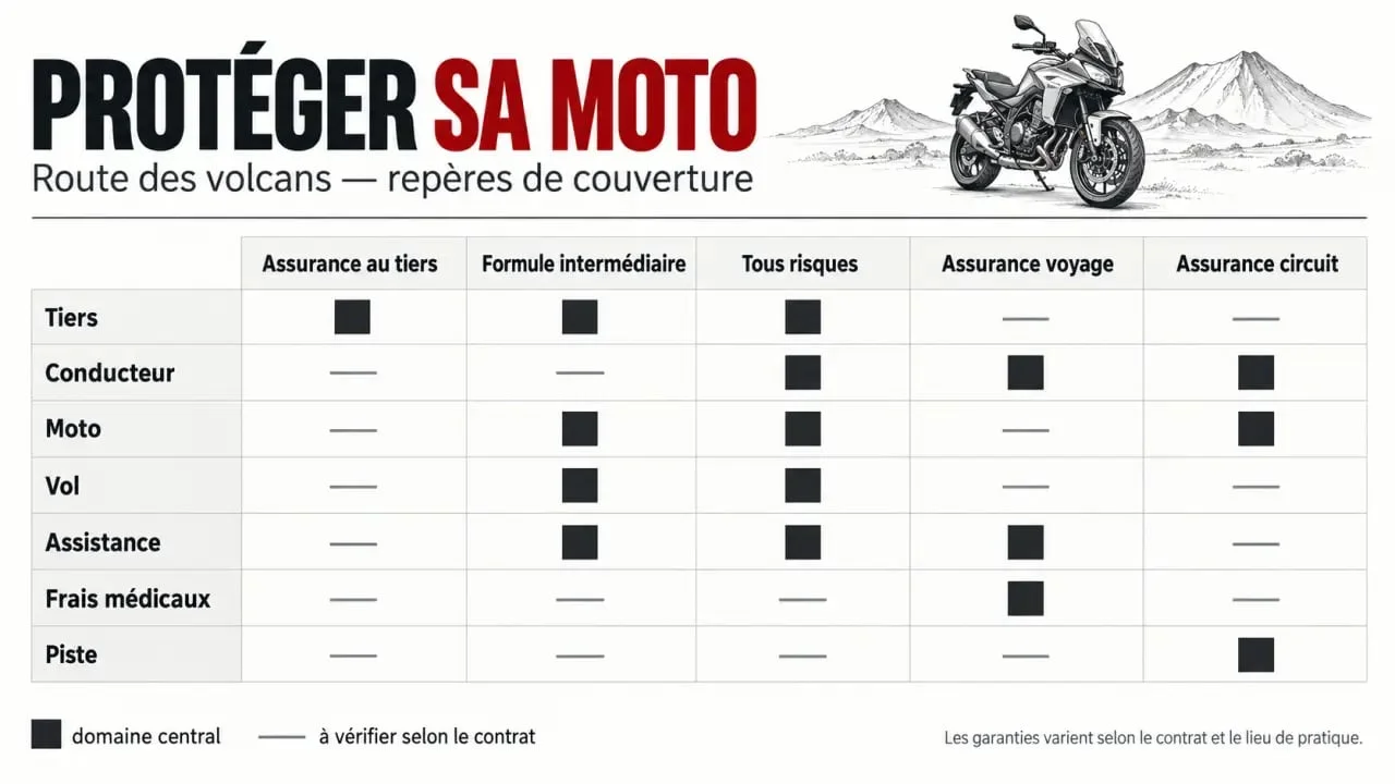 Assurance moto route du volcan : comparaison visuelle des garanties au tiers, intermédiaire, tous risques, voyage et circuit