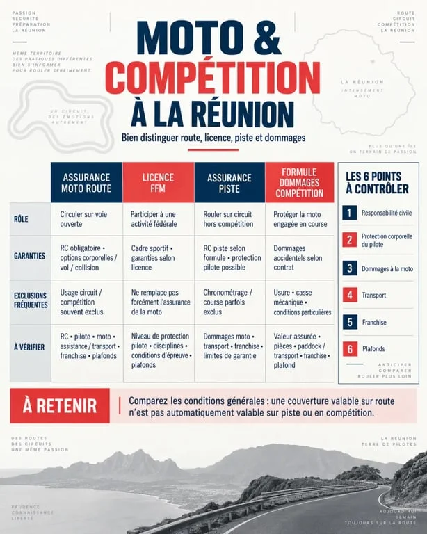 Infographie sur l'assurance moto compétition à La Réunion comparant assurance route, licence FFM et assurance piste
