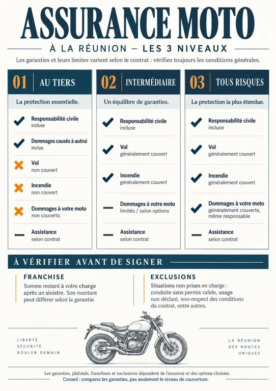 Infographie pour un devis assurance moto conseil personnalisé réunion comparant les formules au tiers, intermédiaire et tous risques