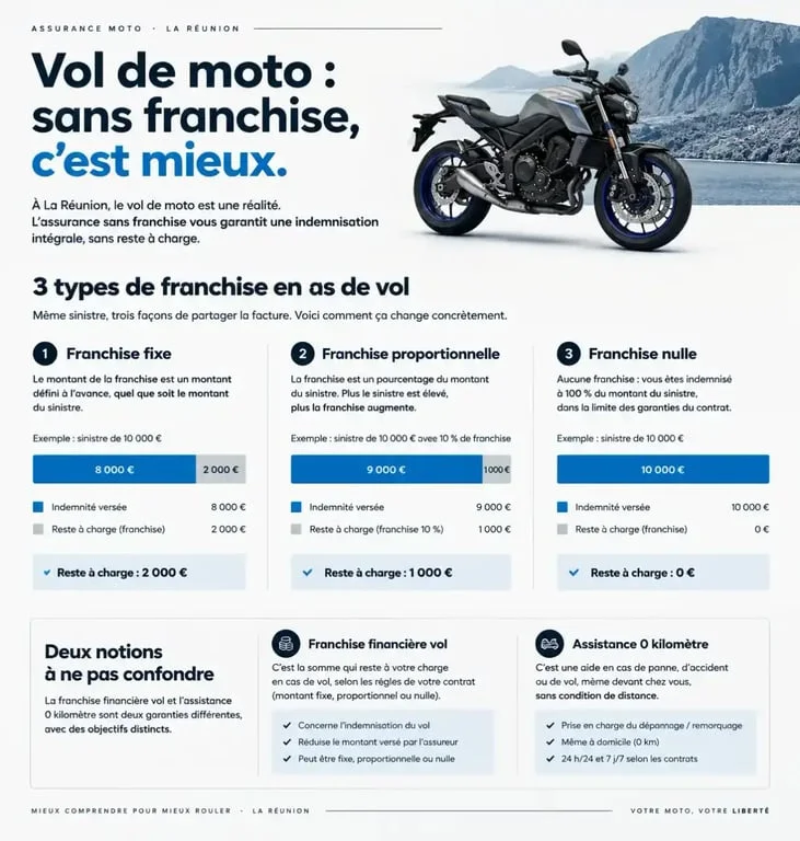 Infographie sur l’assurance moto sans franchise vol à La Réunion et le reste à charge