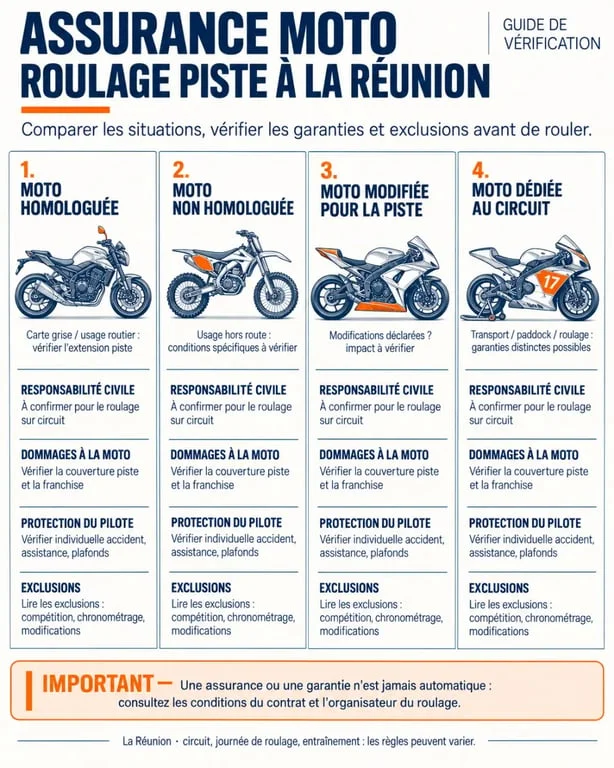 Assurance moto roulage piste à La Réunion : comparaison entre moto homologuée, non homologuée et préparée