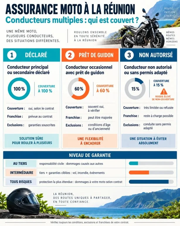 Infographie sur l’assurance moto conducteurs multiples à La Réunion, le prêt de guidon, les franchises et les garanties