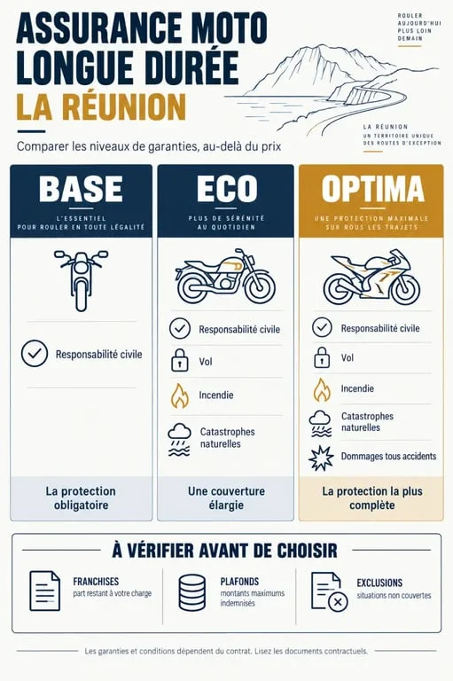 Infographie sur l’assurance moto longue durée à La Réunion et les niveaux de garanties Base Eco Optima