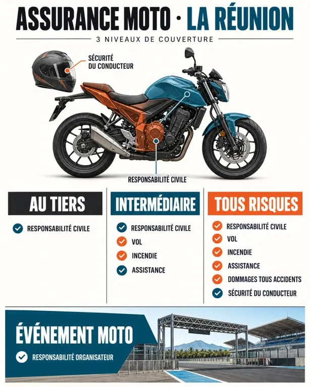 Infographie sur l’assurance moto événement moto réunion et les niveaux de garanties