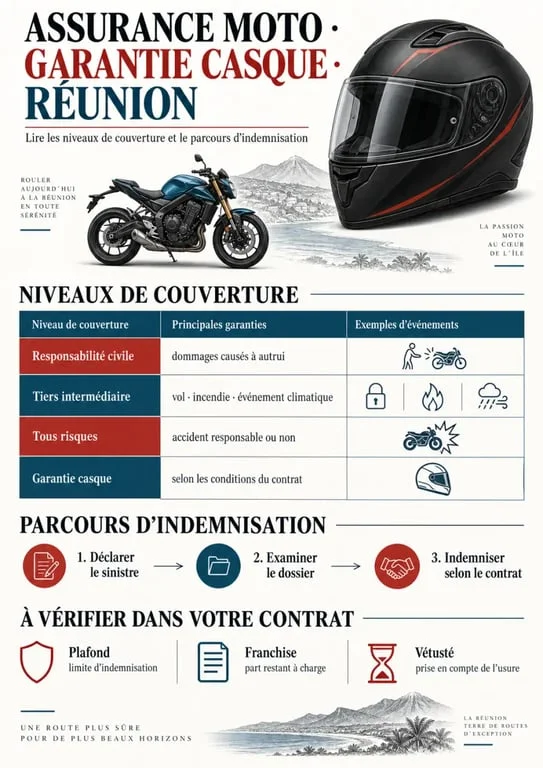 Infographie assurance moto casque garantie Réunion et conditions d’indemnisation
