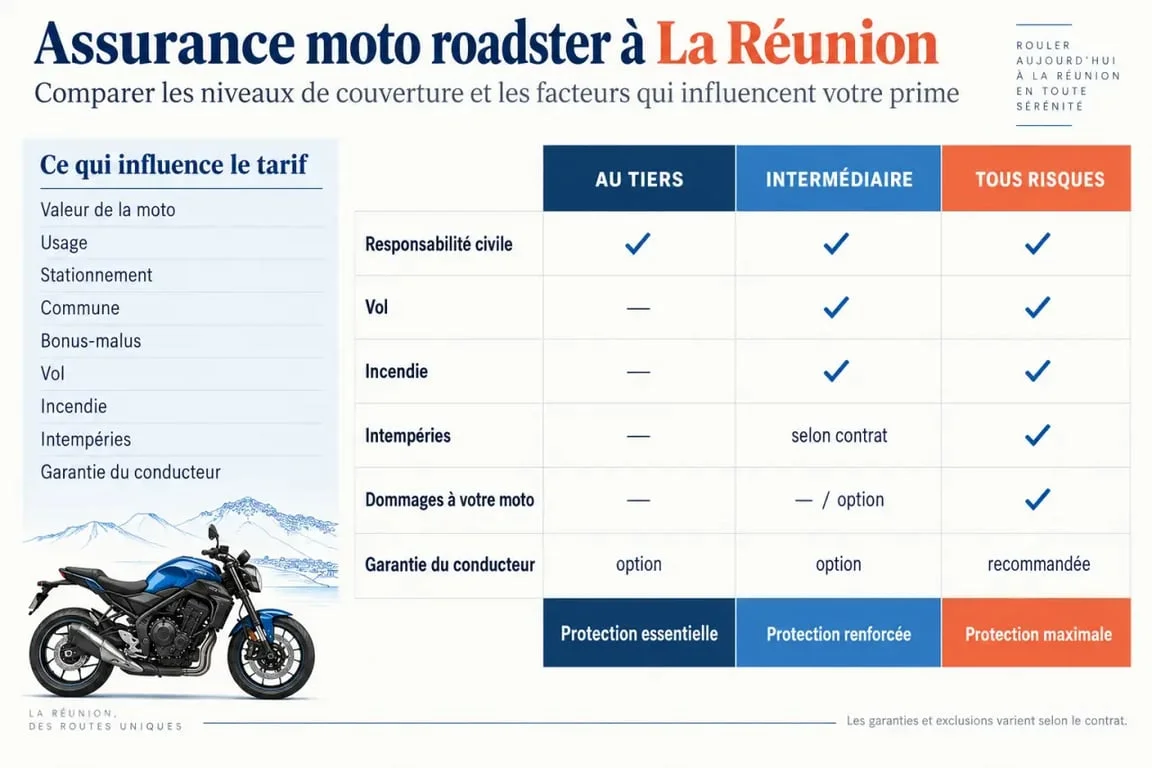 Infographie sur l’assurance moto roadster à La Réunion et les niveaux de couverture