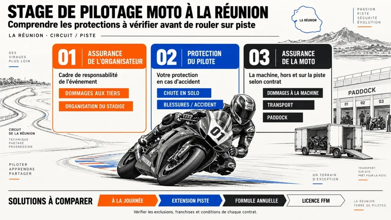 Infographie sur l’assurance moto pour un stage de pilotage à La Réunion et les garanties du pilote, de la moto et de l’organisateur