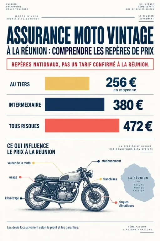Infographie sur le tarif d’une assurance moto vintage à La Réunion et les facteurs de devis