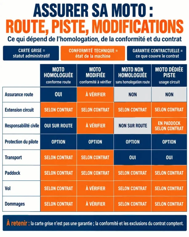 Infographie assurance moto homologation modification Réunion : garanties selon le type de moto et l’usage circuit