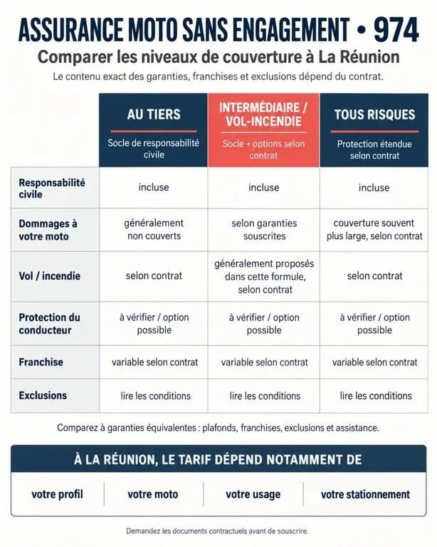 Devis assurance moto sans engagement 974 : comparaison des niveaux de couverture et des garanties