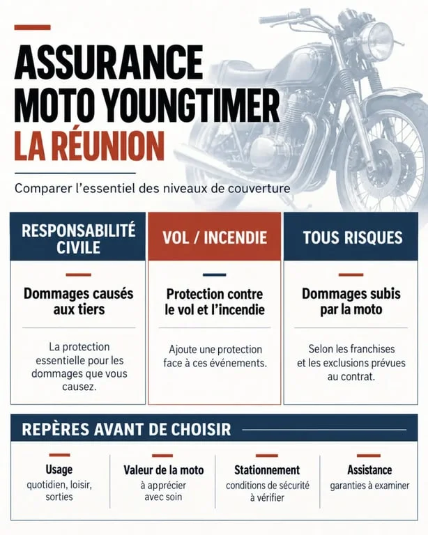 Infographie sur l’assurance moto youngtimer réunion et les niveaux de garanties