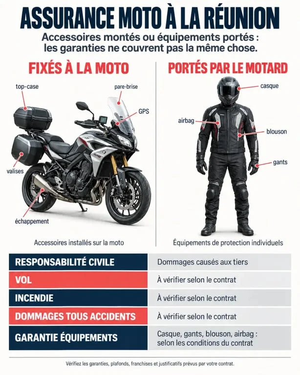 Assurance moto garantie accessoires montés à La Réunion : accessoires fixés et équipements du motard
