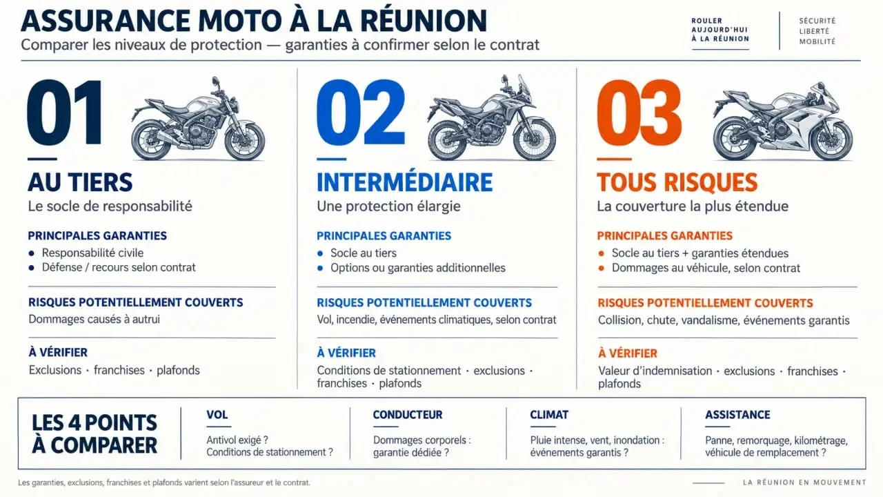Devis assurance moto expert Réunion : comparaison visuelle des niveaux de garanties