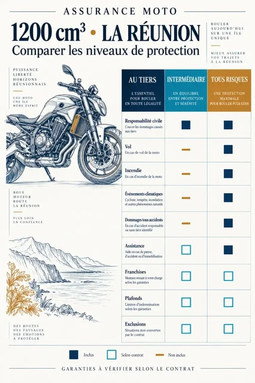 Assurance moto 1200 Réunion : comparaison visuelle des formules tiers, intermédiaire et tous risques