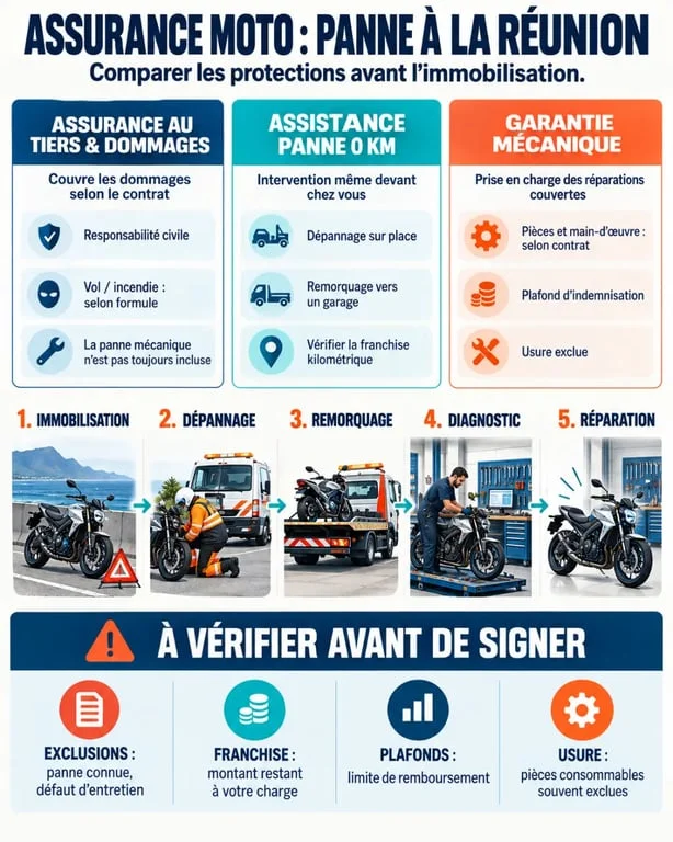 Infographie assurance moto garantie panne réunion : assistance 0 km et garantie mécanique