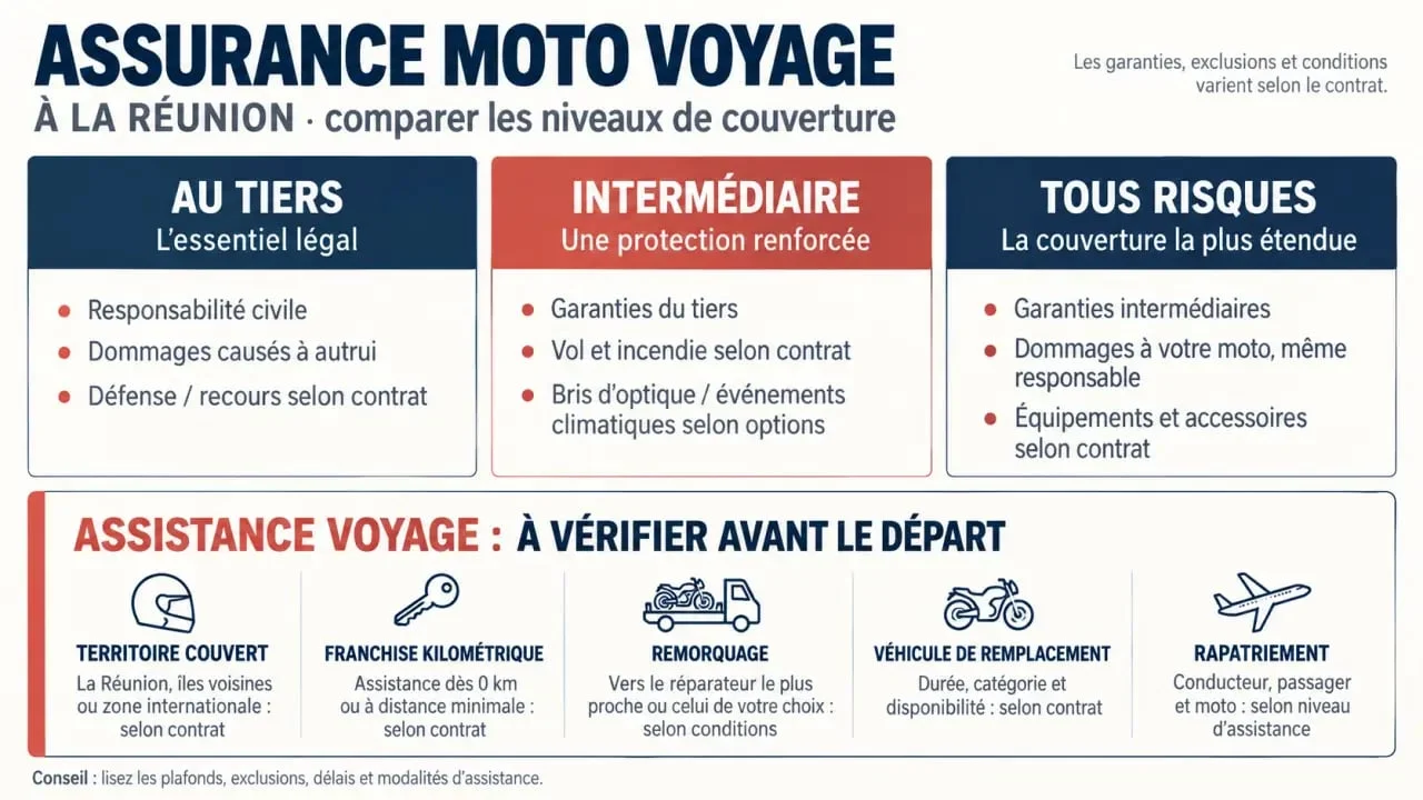 Infographie sur les niveaux de couverture d’une assurance moto voyage à La Réunion et l’assistance