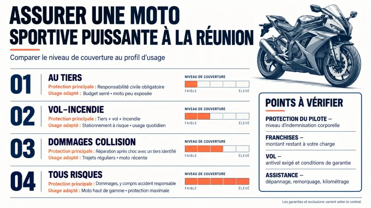 Infographie sur l’assurance moto sportive puissante à La Réunion et les niveaux de garanties