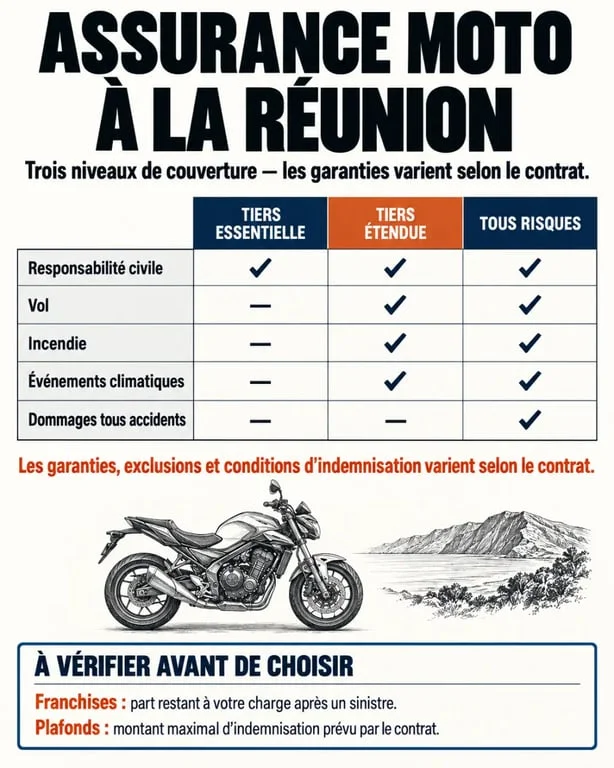 Infographie sur l’assurance moto à La Réunion et les différences entre les formules tiers, tiers étendue et tous risques