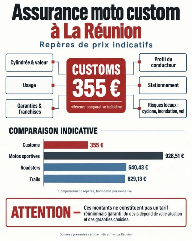 Infographie sur le tarif d’une assurance moto custom à La Réunion et les critères de tarification